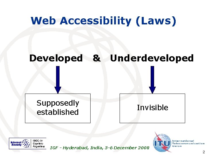 Web Accessibility (Laws) Developed Supposedly established & Underdeveloped Invisible IGF - Hyderabad, India, 3