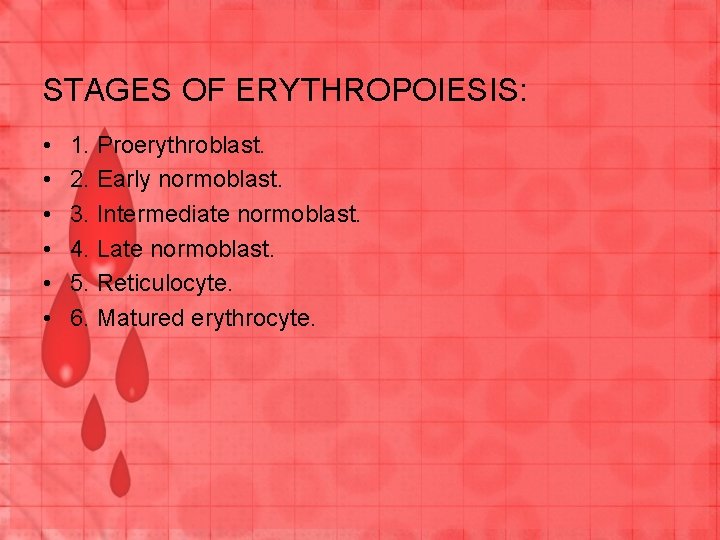 STAGES OF ERYTHROPOIESIS: • • • 1. Proerythroblast. 2. Early normoblast. 3. Intermediate normoblast.