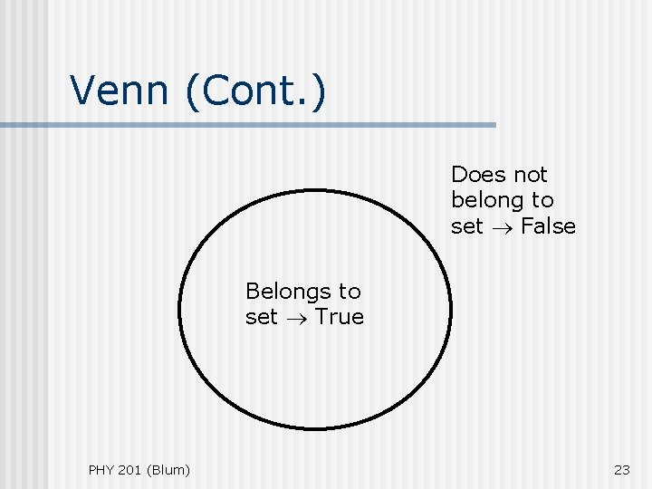 Venn (Cont. ) Does not belong to set False Belongs to set True PHY