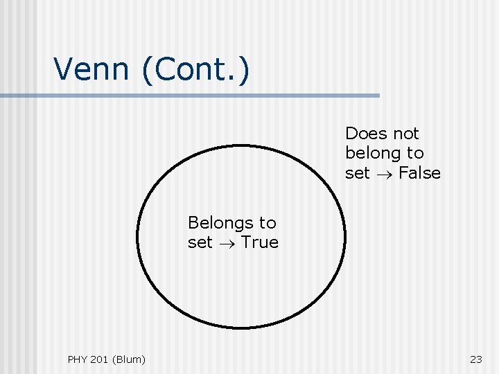 Venn (Cont. ) Does not belong to set False Belongs to set True PHY Venn (Cont. ) Does not belong to set False Belongs to set True PHY