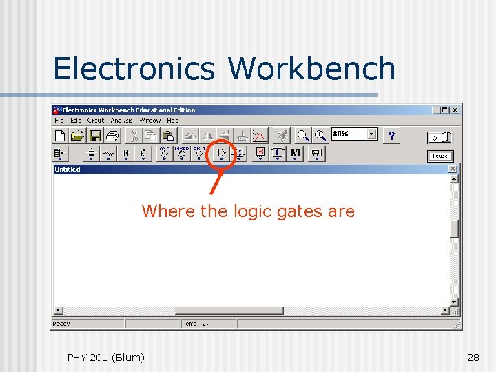 Electronics Workbench Where the logic gates are PHY 201 (Blum) 28 Electronics Workbench Where the logic gates are PHY 201 (Blum) 28