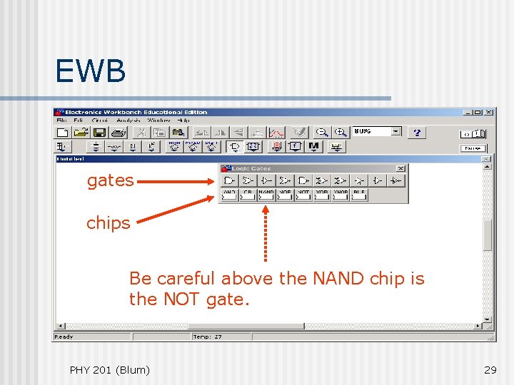 EWB gates chips Be careful above the NAND chip is the NOT gate. PHY