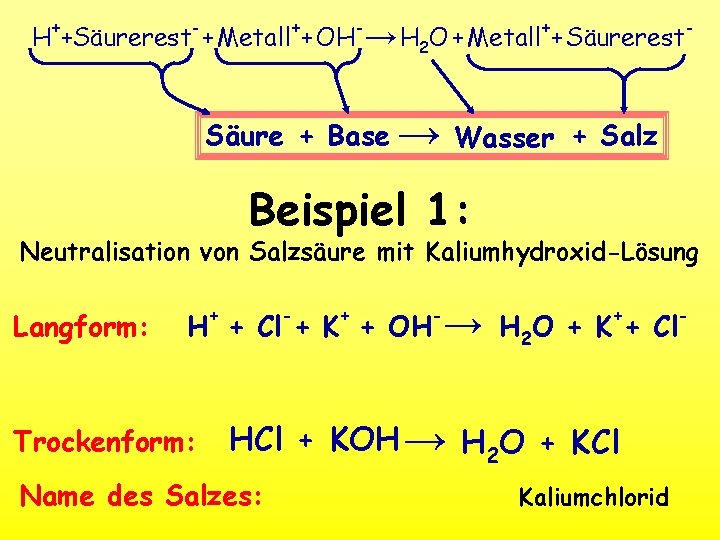 H++Säurerest-+ Metall++ OH-→ H 2 O + Metall++ Säurerest- Säure + Base → Wasser