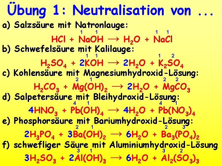 Übung 1: Neutralisation von. . . a) Salzsäure mit Natronlauge: 1 1 HCl +