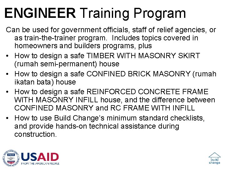 ENGINEER Training Program Can be used for government officials, staff of relief agencies, or