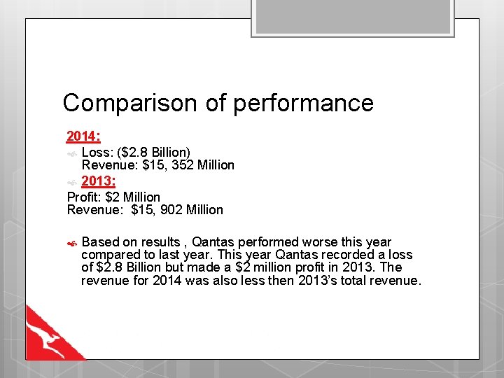 Comparison of performance 2014: Loss: ($2. 8 Billion) Revenue: $15, 352 Million 2013: Profit: