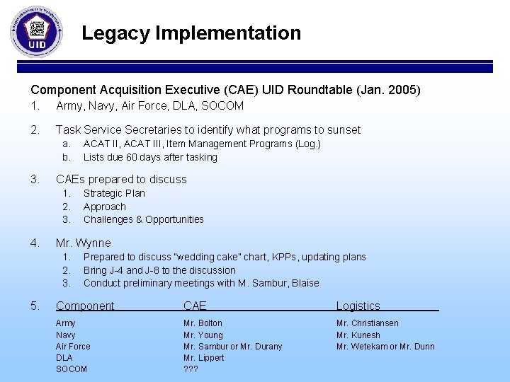 Legacy Implementation Component Acquisition Executive (CAE) UID Roundtable (Jan. 2005) 1. Army, Navy, Air