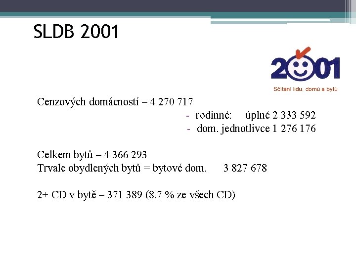 24 SLDB 2001 Cenzových domácností – 4 270 717 - rodinné: úplné 2 333