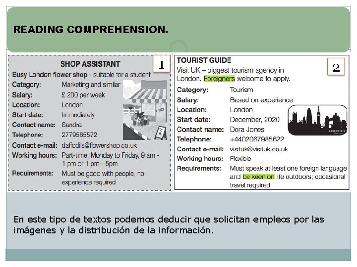 READING COMPREHENSION. 1 En este tipo de textos podemos deducir que solicitan empleos por