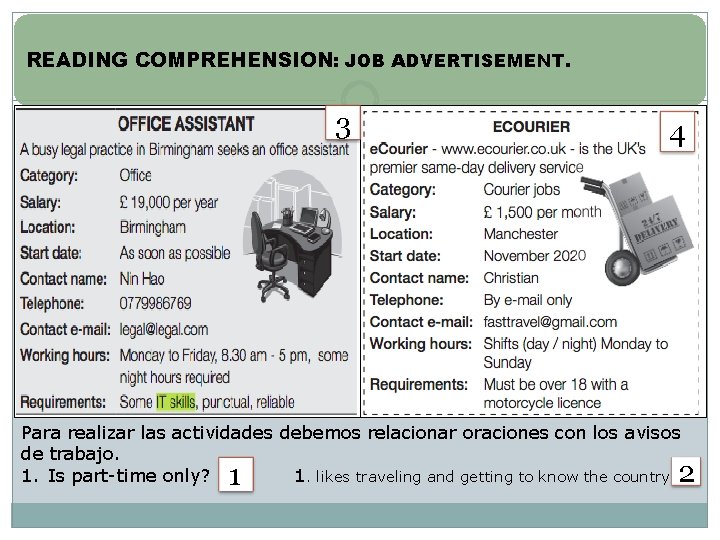 READING COMPREHENSION: JOB ADVERTISEMENT. 3 4 Para realizar las actividades debemos relacionar oraciones con
