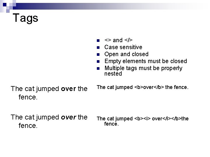 Tags n n n <> and </> Case sensitive Open and closed Empty elements