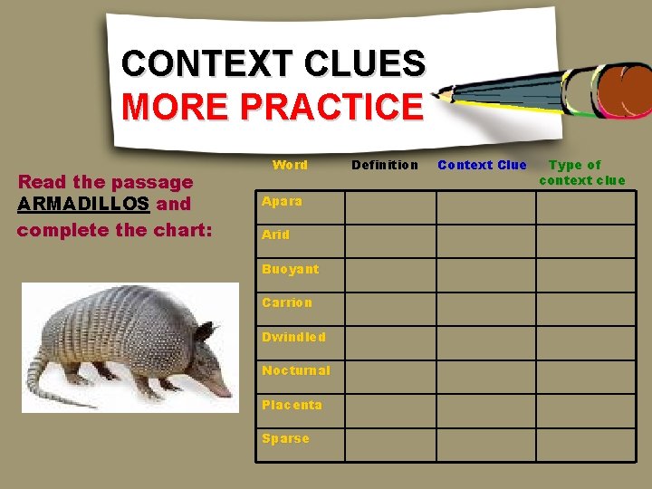 CONTEXT CLUES MORE PRACTICE Read the passage ARMADILLOS and complete the chart: Word Apara