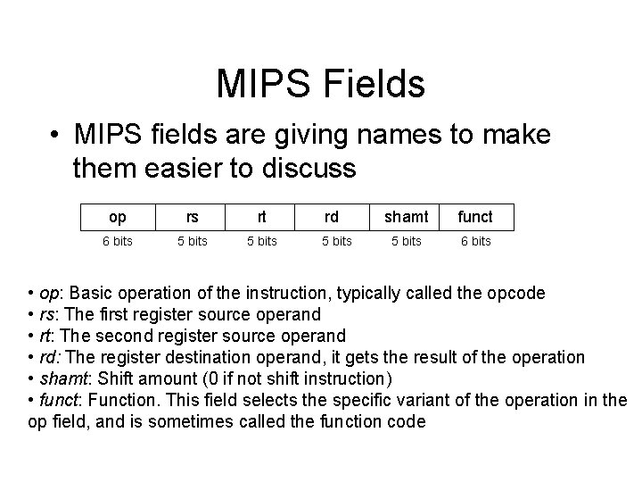 MIPS Fields • MIPS fields are giving names to make them easier to discuss