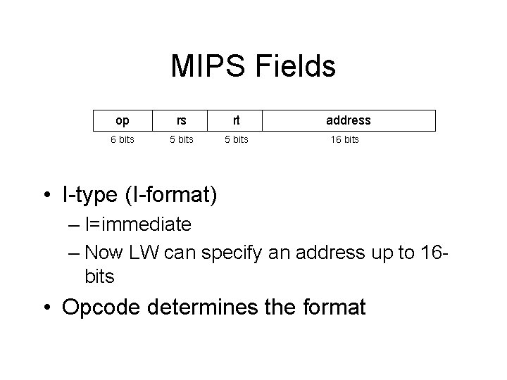 MIPS Fields op rs rt 6 bits 5 bits address 16 bits • I-type