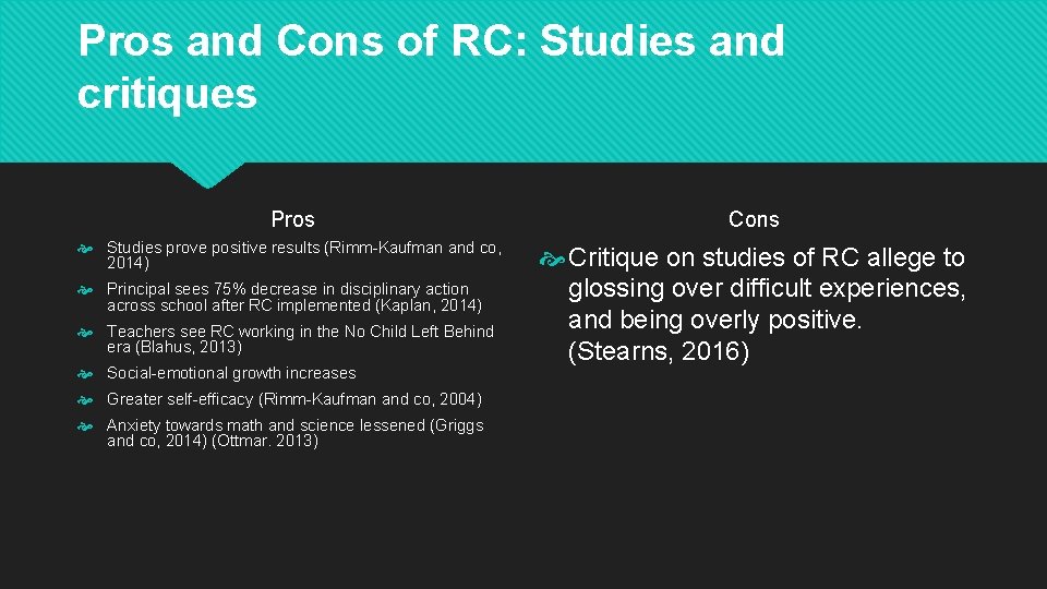 Pros and Cons of RC: Studies and critiques Pros Cons Studies prove positive results