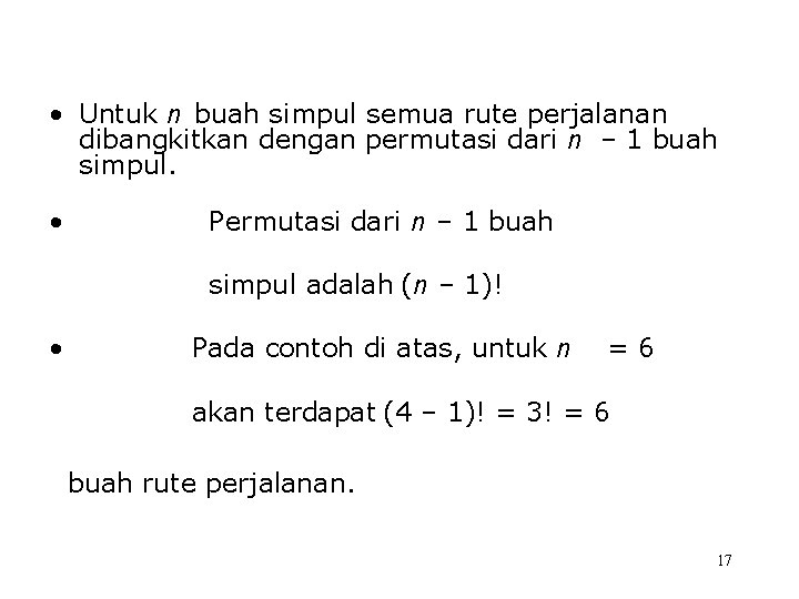  • Untuk n buah simpul semua rute perjalanan dibangkitkan dengan permutasi dari n