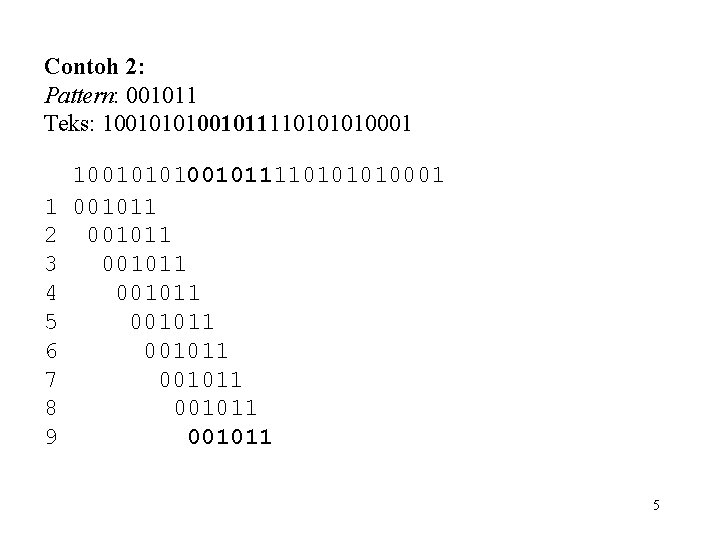 Contoh 2: Pattern: 001011 Teks: 1001010100101111010001 1 2 3 4 5 6 7 8