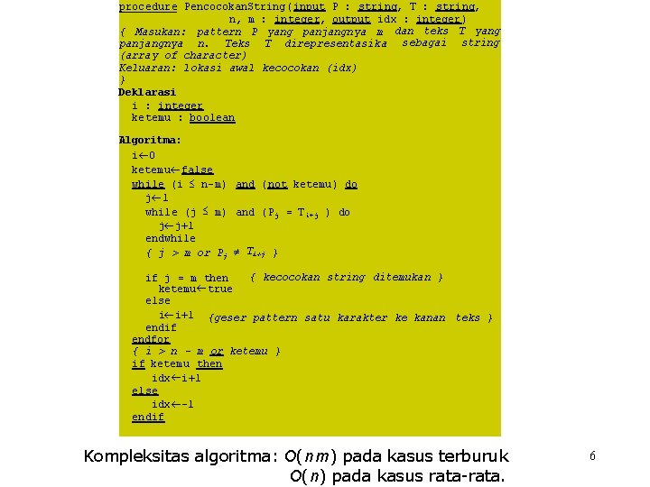 procedure Pencocokan. String(input P : string, T : string, n, m : integer, output