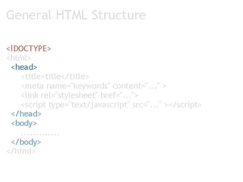 General HTML Structure <!DOCTYPE> <html> <head> <title>title</title> <meta name="keywords" content=". . . " >
