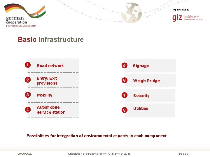 Implemented by Basic infrastructure 1 Road network 5 Signage 2 Entry/ Exit provisions 6
