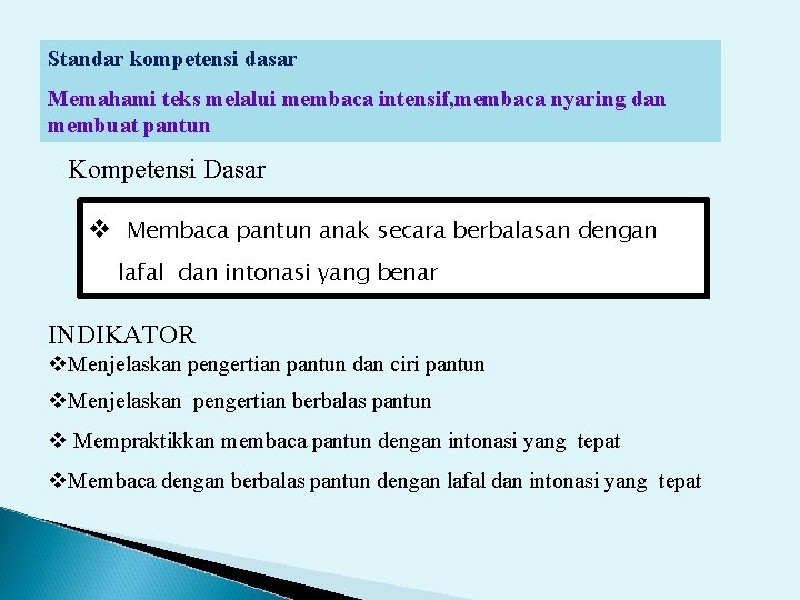 Standar kompetensi dasar Memahami teks melalui membaca intensif, membaca nyaring dan membuat pantun Kompetensi