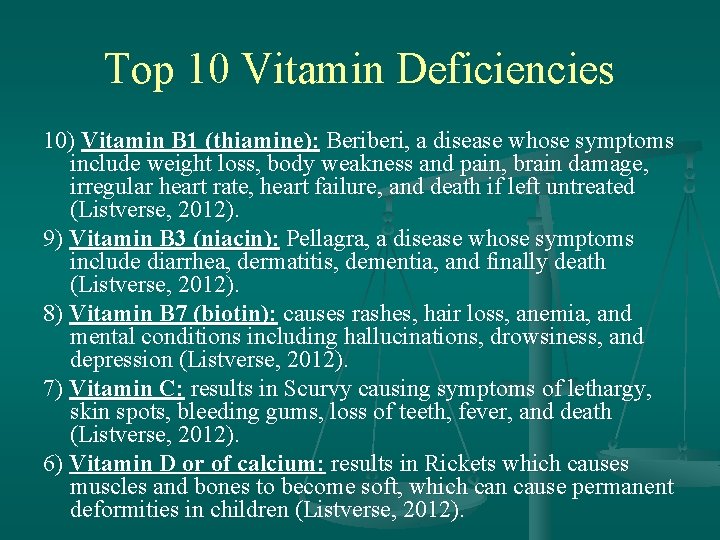 Top 10 Vitamin Deficiencies 10) Vitamin B 1 (thiamine): Beriberi, a disease whose symptoms