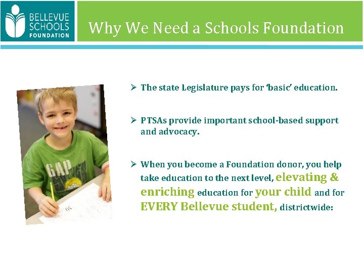 Why We Need a Schools Foundation Ø The state Legislature pays for ‘basic’ education.