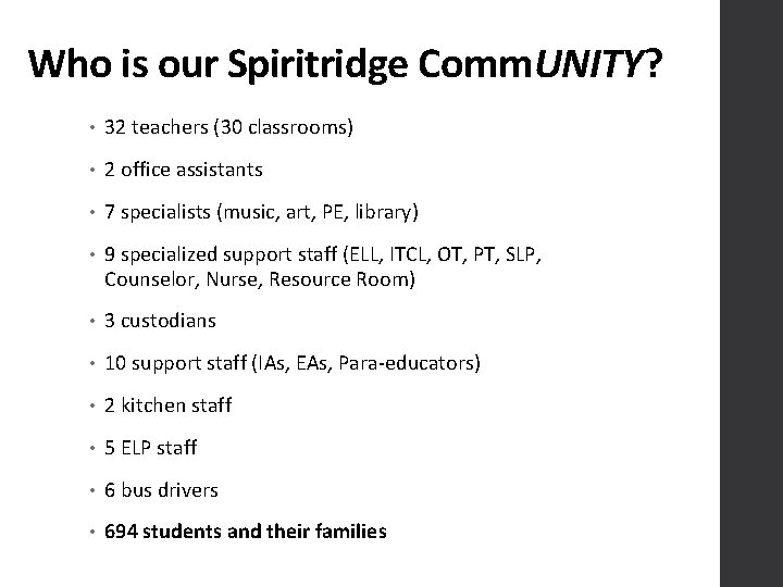 Who is our Spiritridge Comm. UNITY? • 32 teachers (30 classrooms) • 2 office