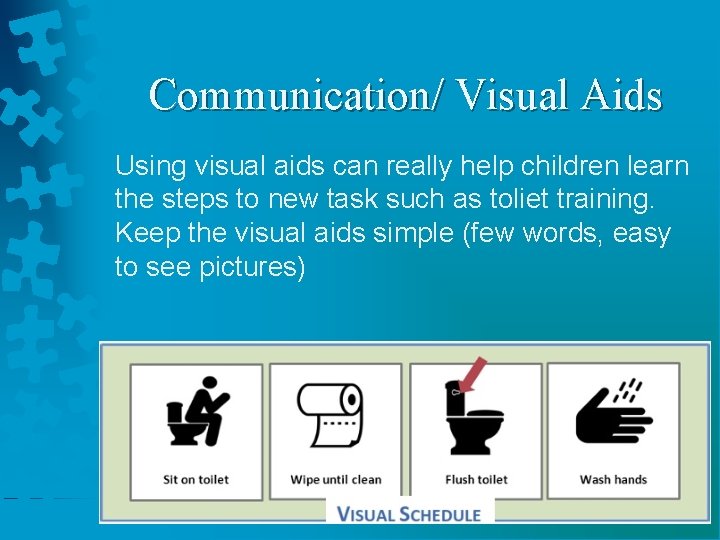 Communication/ Visual Aids Using visual aids can really help children learn the steps to