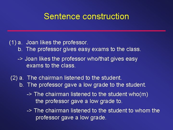 Sentence construction (1) a. Joan likes the professor. b. The professor gives easy exams Sentence construction (1) a. Joan likes the professor. b. The professor gives easy exams
