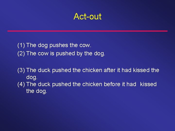 Act-out (1) The dog pushes the cow. (2) The cow is pushed by the Act-out (1) The dog pushes the cow. (2) The cow is pushed by the