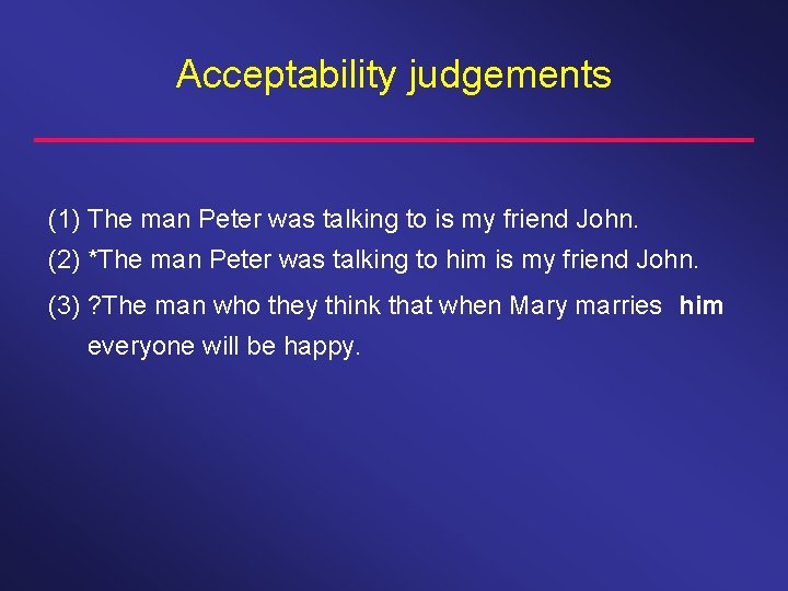 Acceptability judgements (1) The man Peter was talking to is my friend John. (2) Acceptability judgements (1) The man Peter was talking to is my friend John. (2)