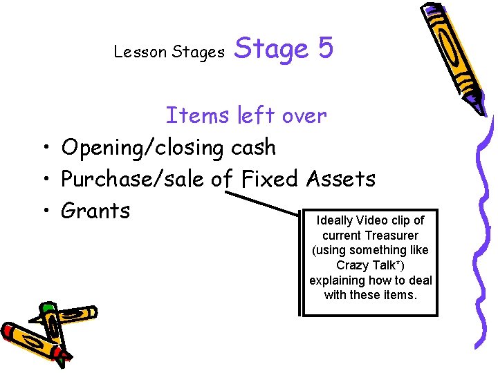 Lesson Stages Stage 5 Items left over • Opening/closing cash • Purchase/sale of Fixed