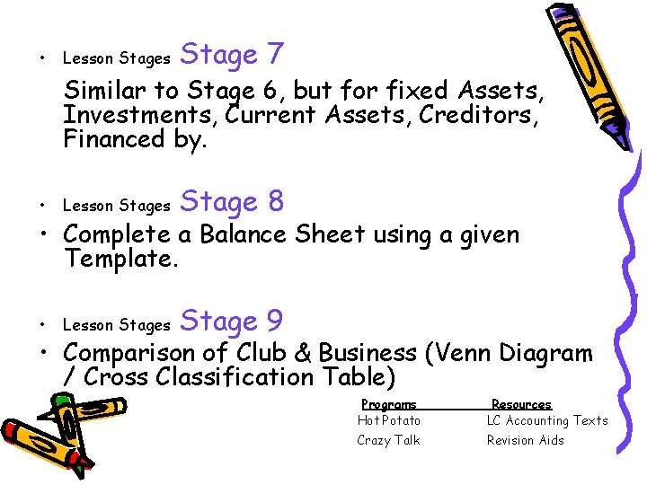  • Lesson Stages Stage 7 Similar to Stage 6, but for fixed Assets,