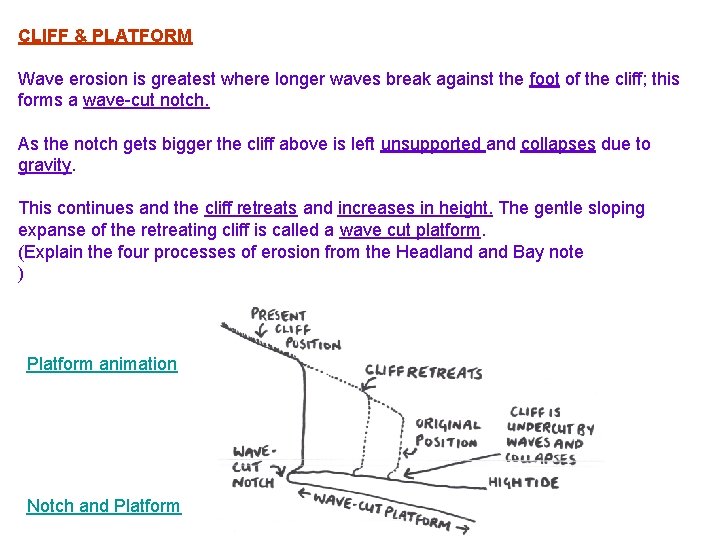 CLIFF & PLATFORM Wave erosion is greatest where longer waves break against the foot