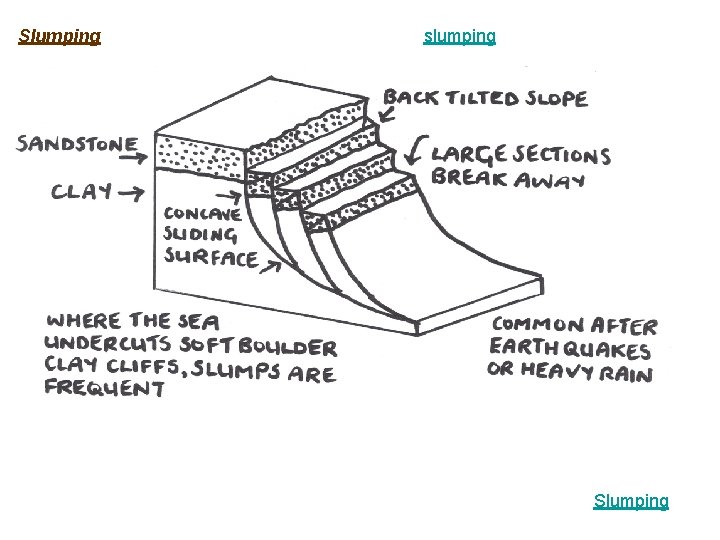 Slumping slumping Where the sea undercuts soft clay cliffs slumps often occur. This is