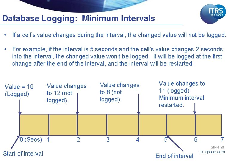 Database Logging: Minimum Intervals • If a cell’s value changes during the interval, the