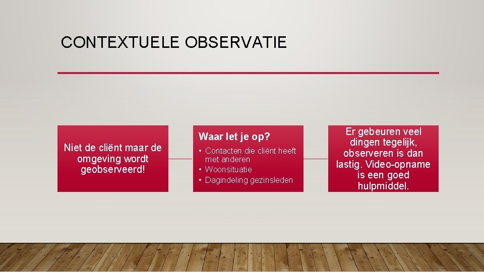 CONTEXTUELE OBSERVATIE Niet de cliënt maar de omgeving wordt geobserveerd! Waar let je op?