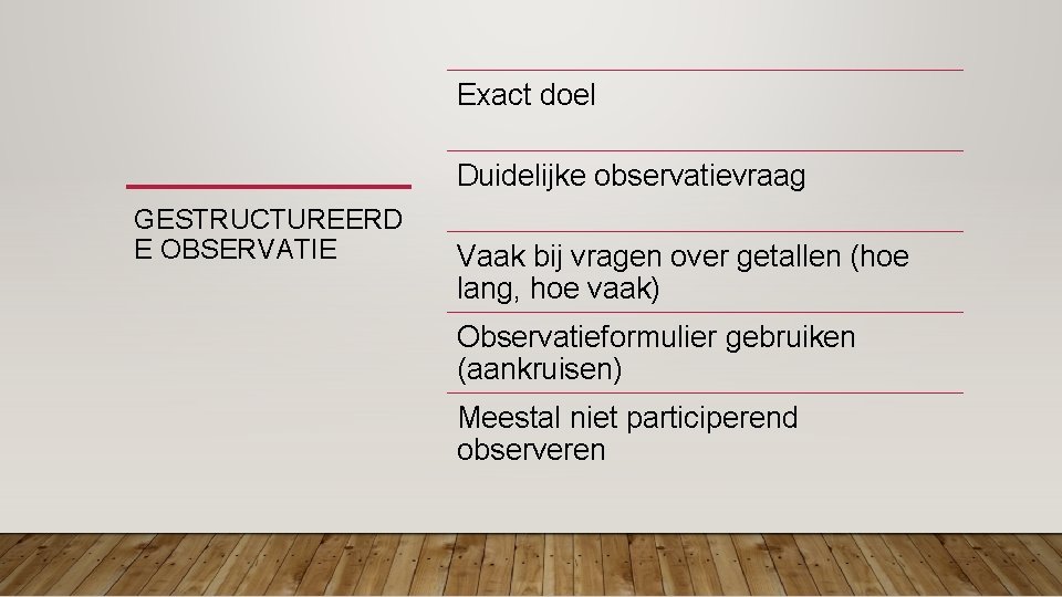 Exact doel Duidelijke observatievraag GESTRUCTUREERD E OBSERVATIE Vaak bij vragen over getallen (hoe lang,