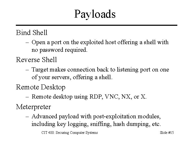 Payloads Bind Shell – Open a port on the exploited host offering a shell