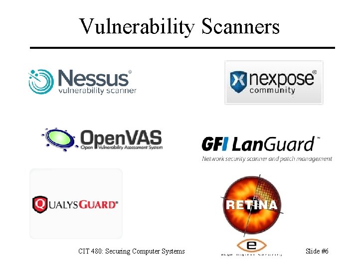 Vulnerability Scanners CIT 480: Securing Computer Systems Slide #6 