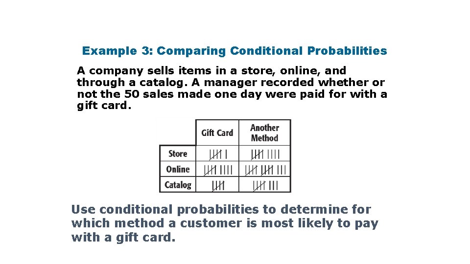 Example 3: Comparing Conditional Probabilities A company sells items in a store, online, and