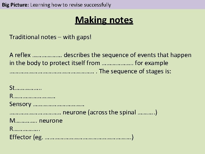 Big Picture: Learning how to revise successfully Making notes Traditional notes – with gaps!