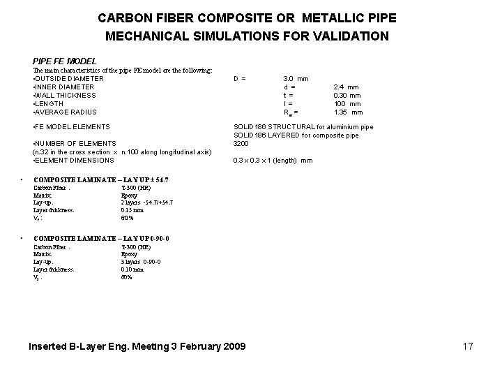CARBON FIBER COMPOSITE OR METALLIC PIPE MECHANICAL SIMULATIONS FOR VALIDATION PIPE FE MODEL The