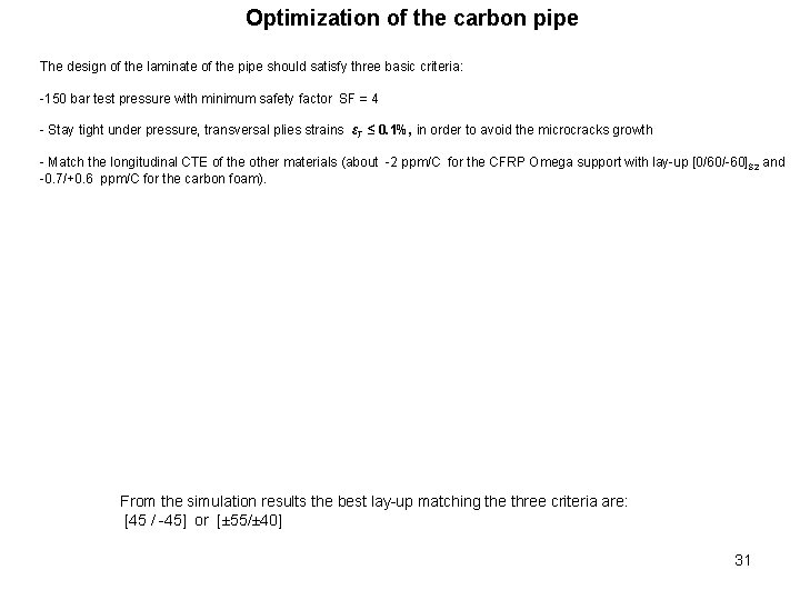 Optimization of the carbon pipe The design of the laminate of the pipe should