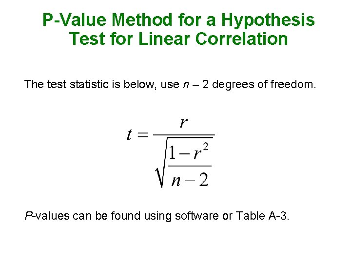 P-Value Method for a Hypothesis Test for Linear Correlation The test statistic is below,