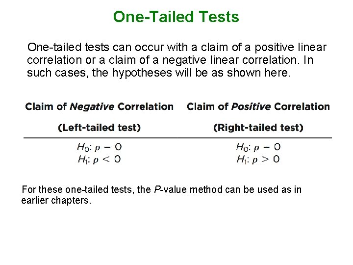 One-Tailed Tests One-tailed tests can occur with a claim of a positive linear correlation