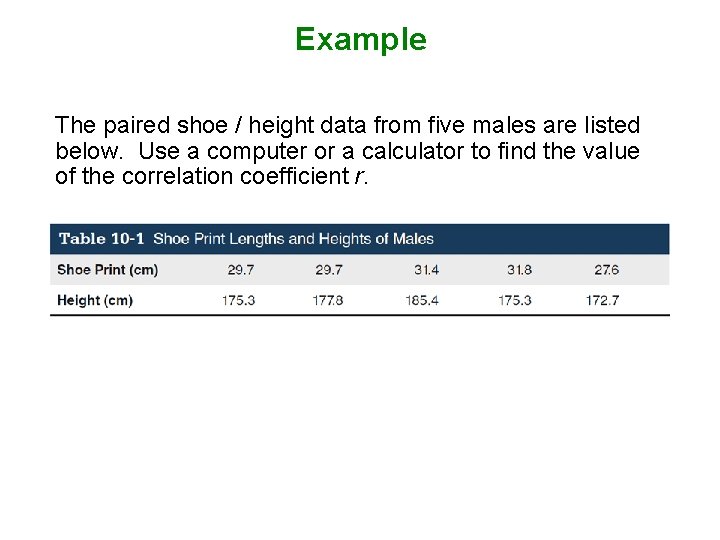 Example The paired shoe / height data from five males are listed below. Use