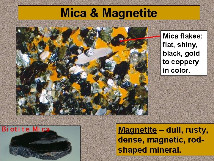 Mica & Magnetite Mica flakes: flat, shiny, black, gold to coppery in color. Magnetite