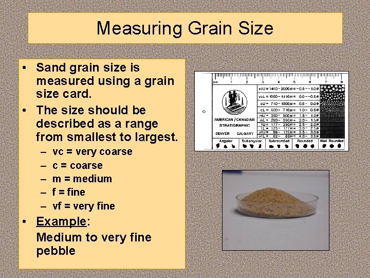 Measuring Grain Size • Sand grain size is measured using a grain size card.